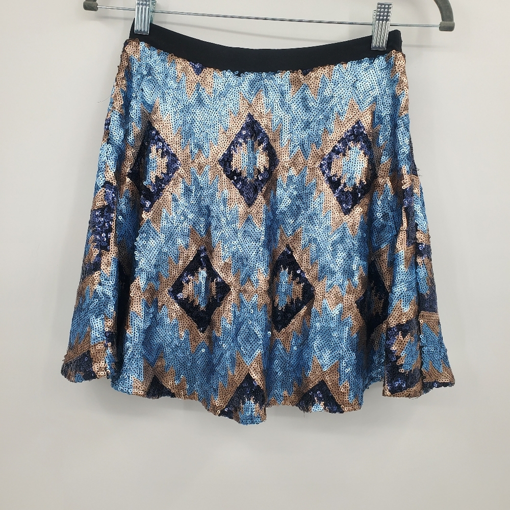 ♤♤ Lily White Sequin Harlequin Diamond Pattern Swing Skirt Blue and Gold Size XS